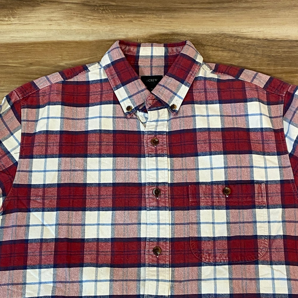 J. Crew Flannel Shirt Mens Medium Plaid Button Down Leather Elbow Patch